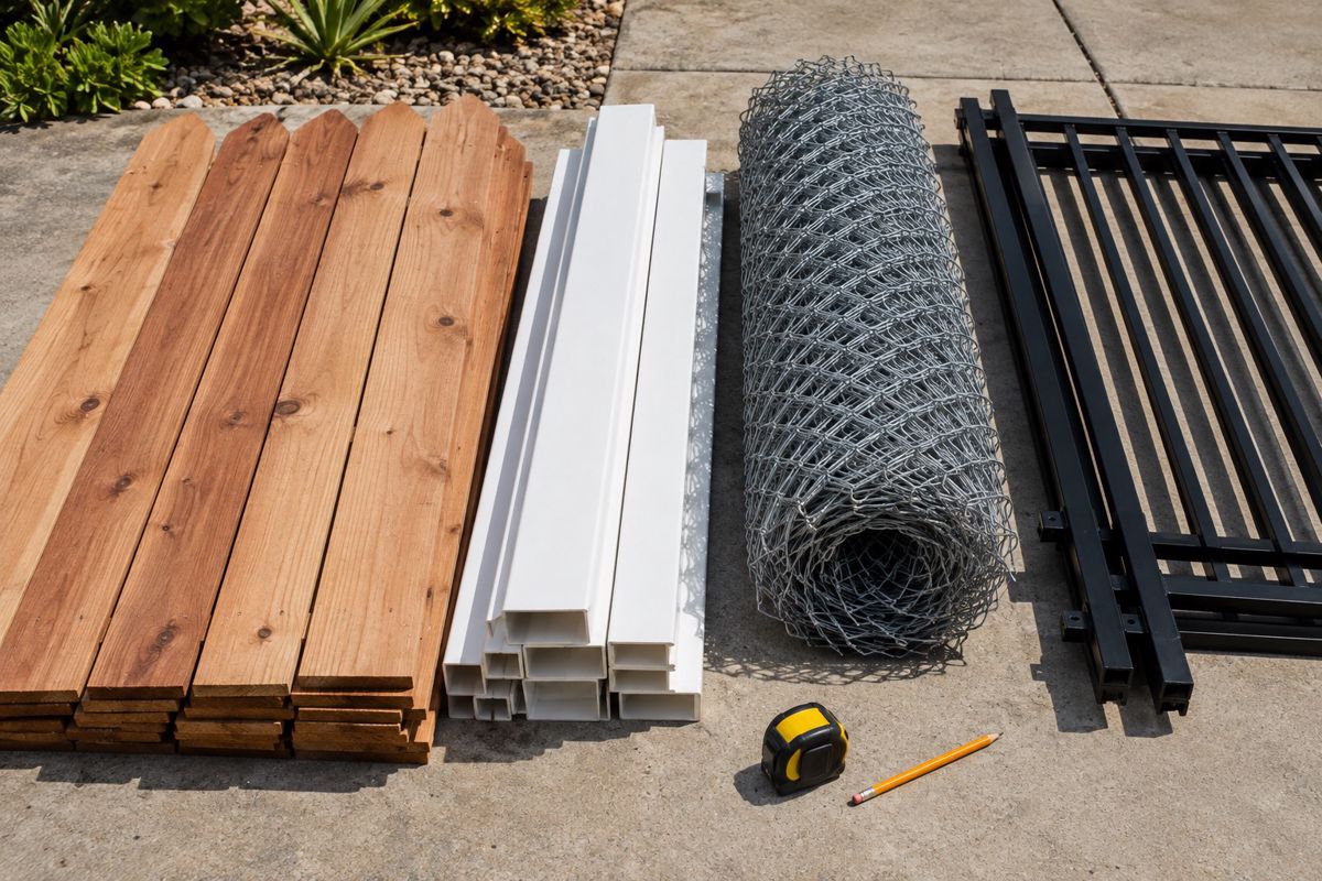 Wood, vinyl, chain link and aluminum fence materials laid out on a driveway