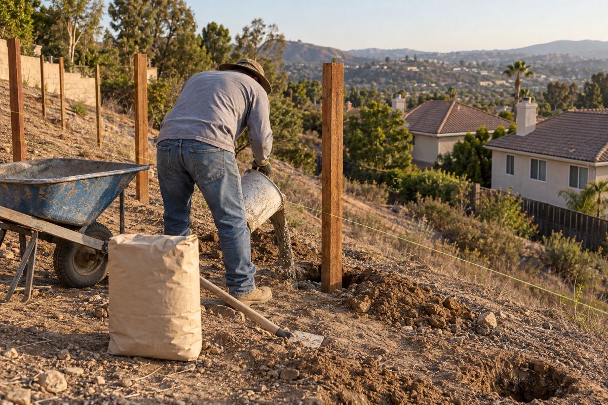 Worker setting a concrete footing for a fence post on a sloped yard
