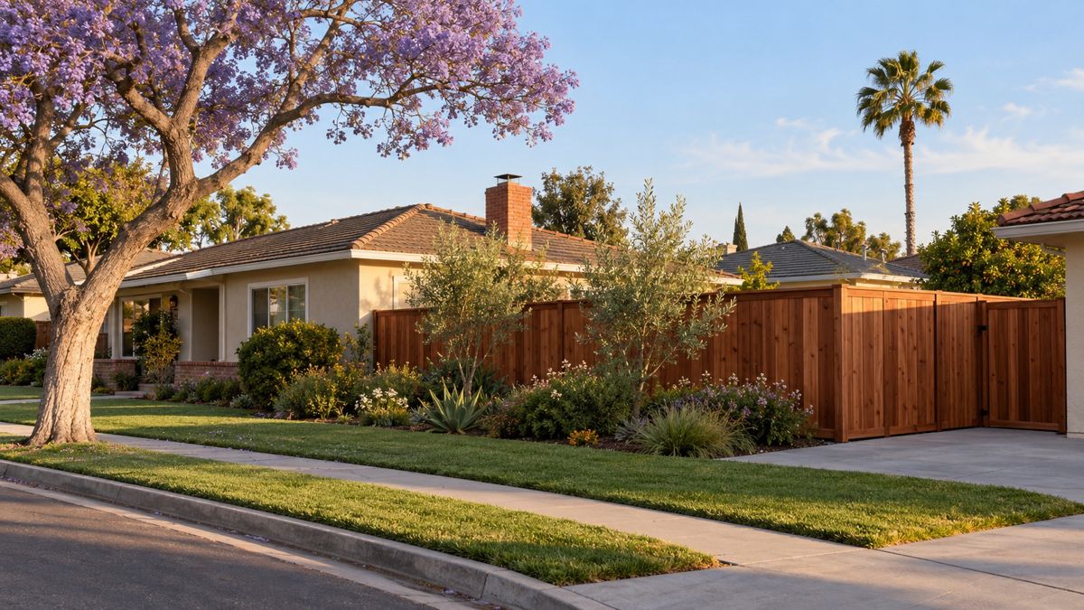 New wood fence and gate beside a stucco ranch home in an Anaheim neighborhood at golden hour