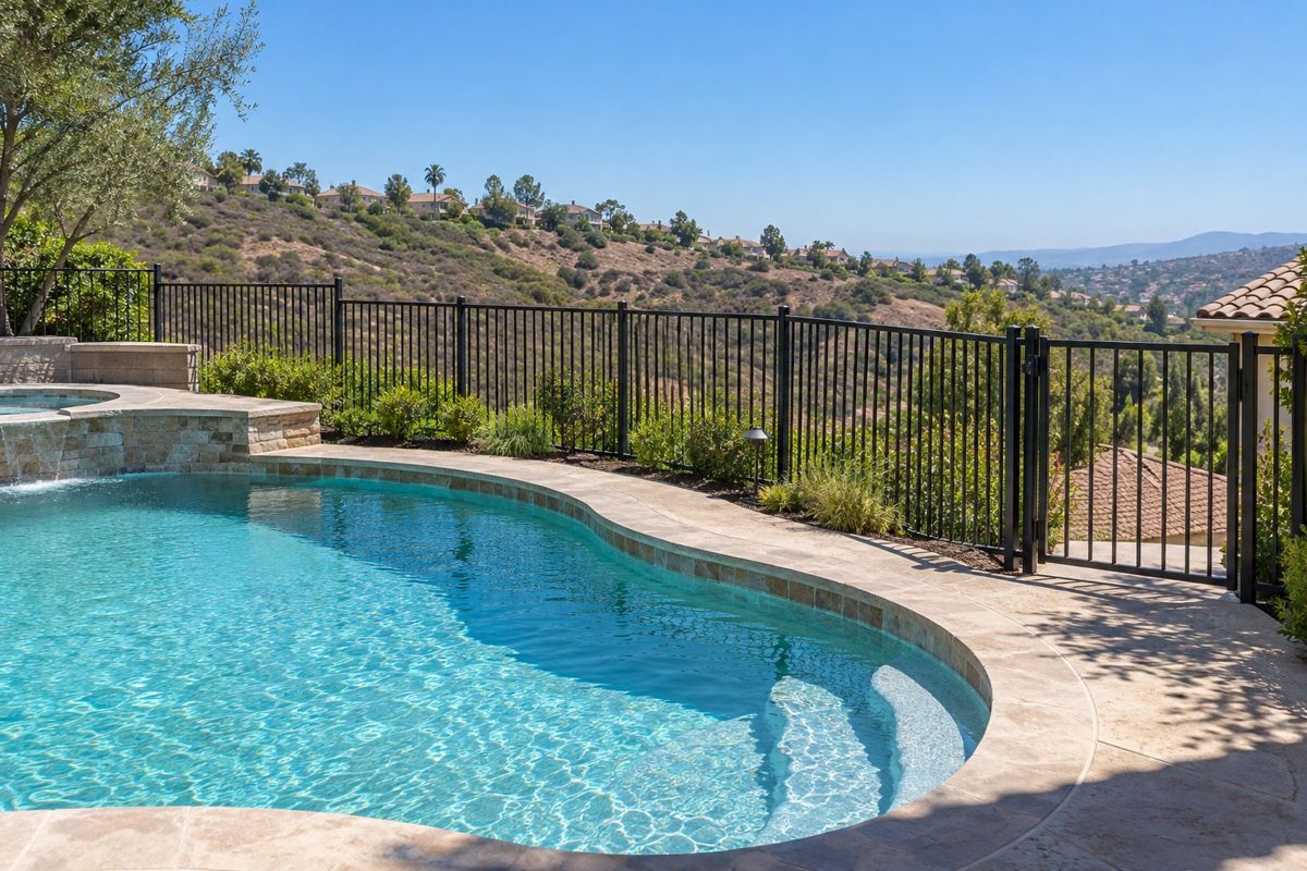 Black aluminum pool fence with hillside view at an Anaheim Hills home