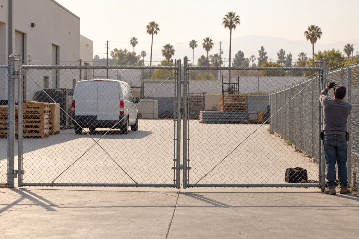 Galvanized chain link fence and double gate around a small industrial yard