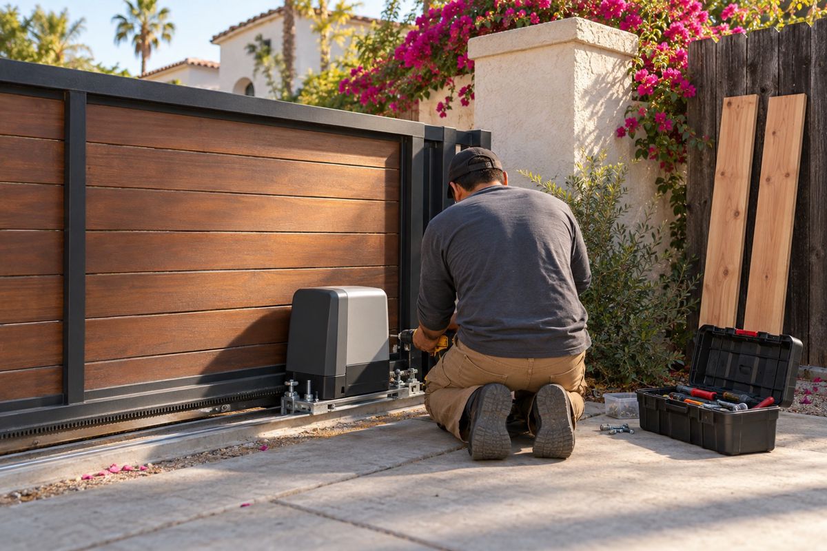 Technician installing an automatic gate opener beside a repaired wood fence