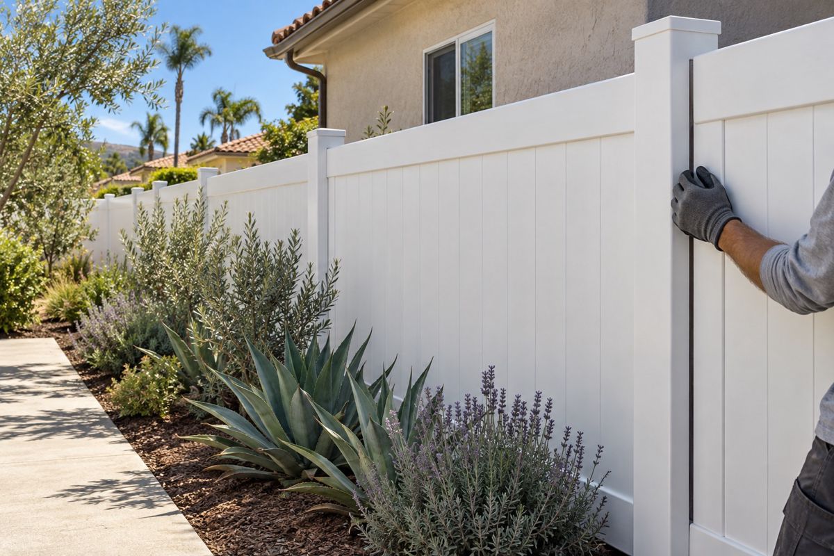 White vinyl privacy fence beside drought tolerant plants at a stucco home