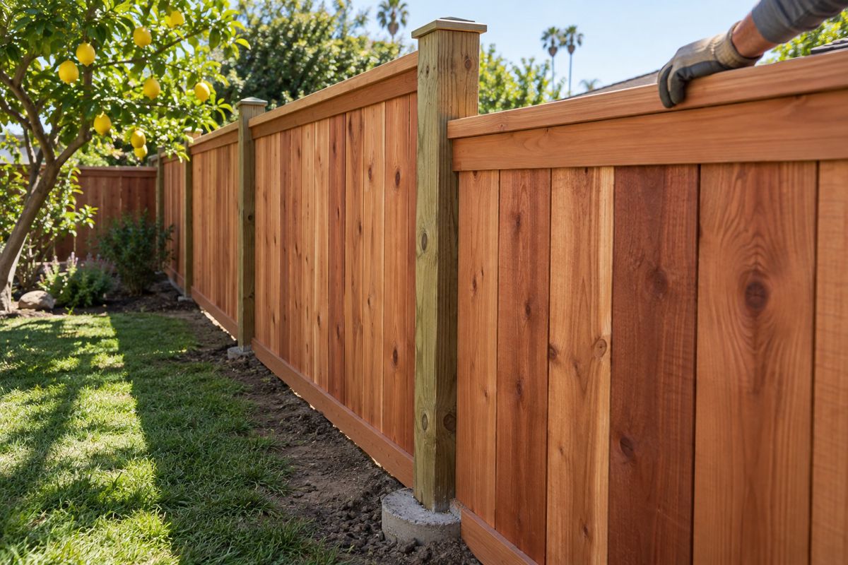 Freshly built redwood privacy fence along a sunny Anaheim back yard